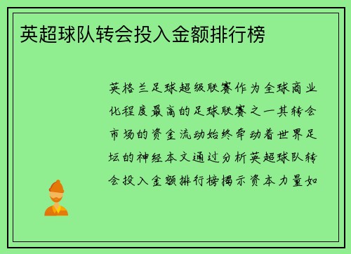 英超球队转会投入金额排行榜